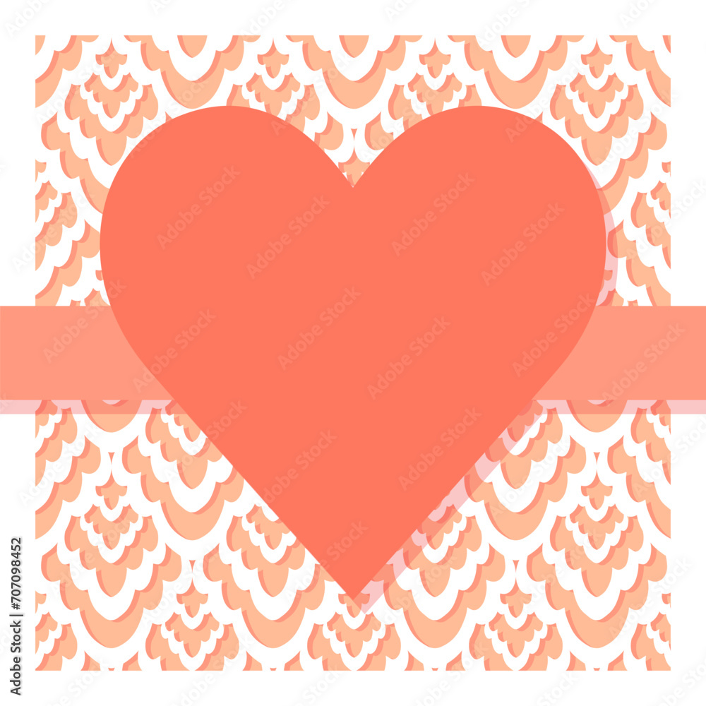 monochrome peach and white flat geometric heart shape with a ribbon on delicate lace damask textured background romantic lovely vector square card poster centerpiece illustration