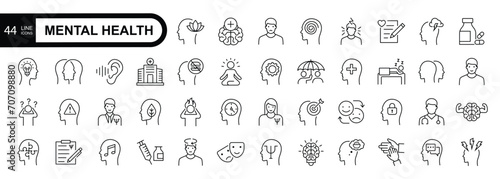 Mental health stroke outline icon set. Thin linear style icons pack. Vector illustration.
