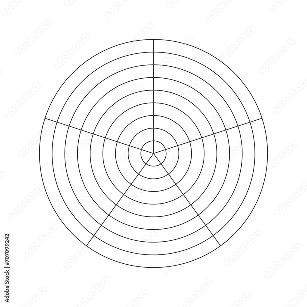 Wheel of life template. Simple coaching tool icon for visualizing all areas of life. Polar grid of 5 segments and 8 concentric circles. Blank polar graph paper. Circle diagram. Life style balance. Eps Wheel of life template. Simple coaching tool icon for visualizing all areas of life. Polar grid of 5 segments and 8 concentric circles. Blank polar graph paper. Circle diagram. Life style balance. Eps