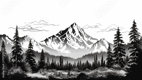 Monochrome hand drawn mountain outline illustration image Ai generated art