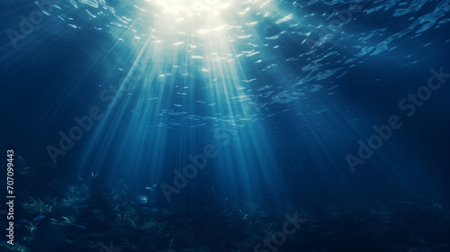 Abstract image of Tropical underwater dark blue deep ocean wide nature background with rays of sunlight, Ai generated image