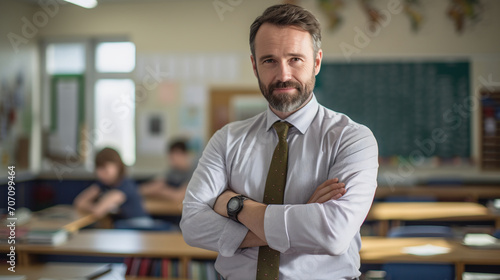 The European male teacher stands in the classroom. Ai generate.