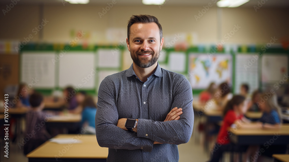 The European male teacher stands in the classroom. Ai generate. The European male teacher stands in the classroom. Ai generate.