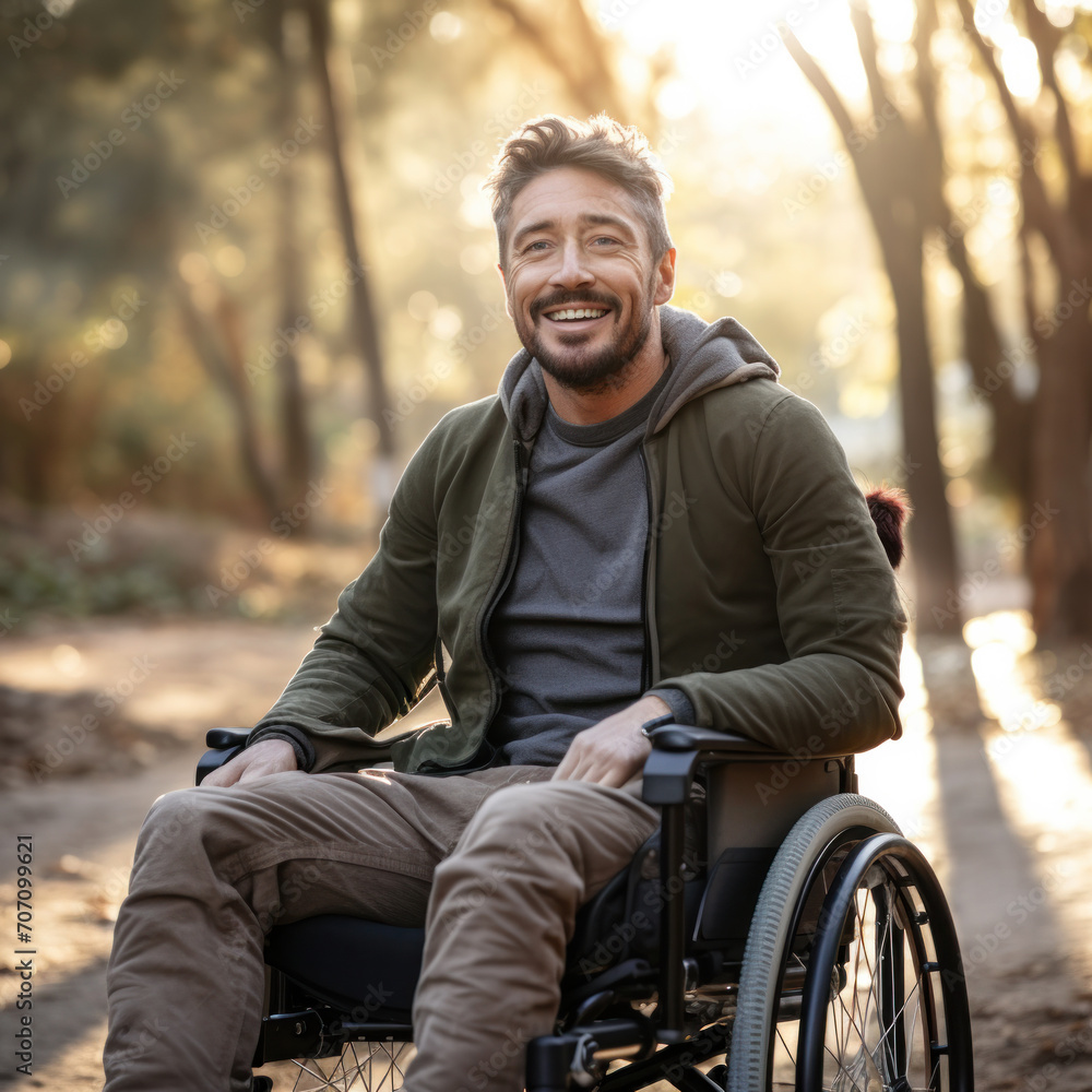 Portrait of disabled mature man, smiling for the camera, in the park.