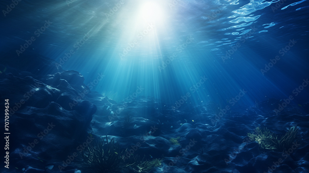 underwater view of the sun, Abstract image of Tropical underwater dark blue deep ocean wide nature background with rays of sunlight, Ai generated image underwater view of the sun, Abstract image of Tropical underwater dark blue deep ocean wide nature background with rays of sunlight, Ai generated image