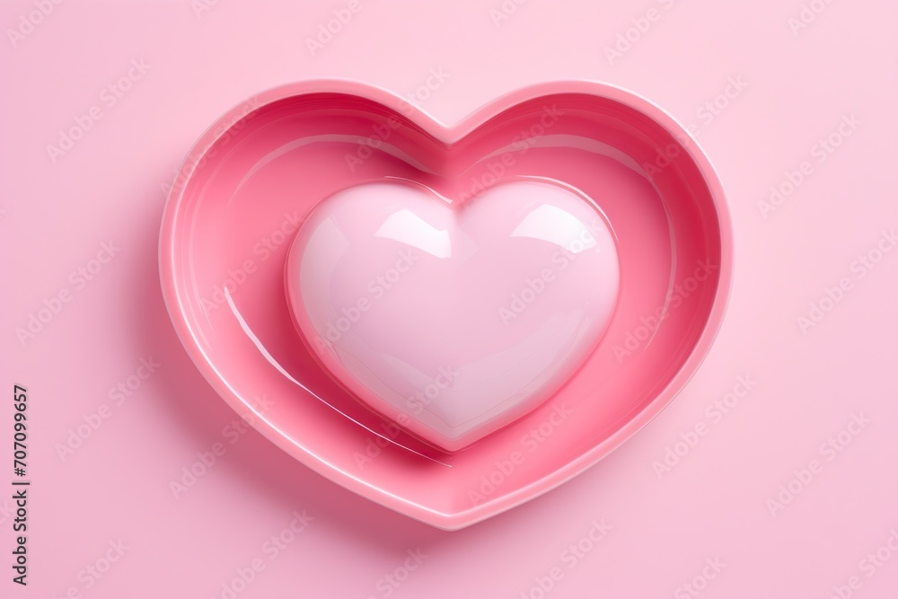 Pink heart on a heart-shaped plate against a pink background. Valentine's Day concept.