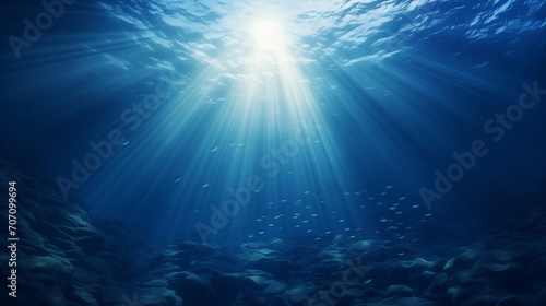 underwater scene with rays, Abstract image of Tropical underwater dark blue deep ocean wide nature background with rays of sunlight, Ai generated image