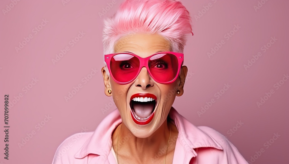 An elderly woman with short pink hair and pink glasses, joyfully surprised. The concept of joie de vivre and youthfulness of spirit. An elderly woman with short pink hair and pink glasses, joyfully surprised. The concept of joie de vivre and youthfulness of spirit.