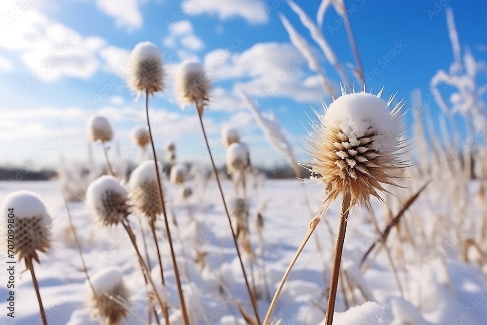 Dry thistle in the snow on a background of blue sky