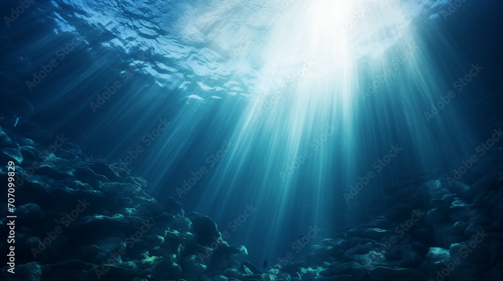 Dark blue ocean surface seen from underwater, Abstract image of Tropical underwater dark blue deep ocean wide nature background with rays of sunlight, Ai generated image