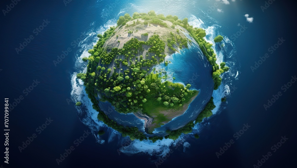 Planet Earth as an island with green forests and oceans, from a bird's-eye view. The concept of ecology and global natural balance. Planet Earth as an island with green forests and oceans, from a bird's-eye view. The concept of ecology and global natural balance.