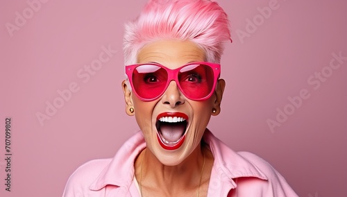 An elderly woman with short pink hair and pink glasses, joyfully surprised. The concept of joie de vivre and youthfulness of spirit. photo