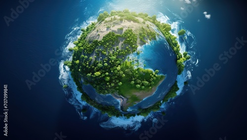 Planet Earth as an island with green forests and oceans, from a bird's-eye view. The concept of ecology and global natural balance.