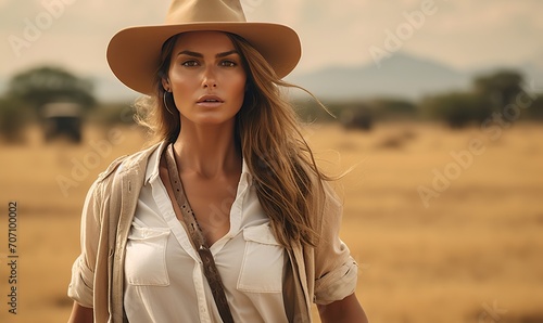 A woman in a hat looks into the distance against a savanna backdrop. The concept of adventure and exploration.