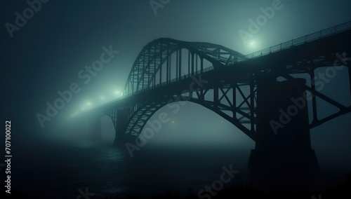 Bridge illuminated by lamps in fog at night. © volga
