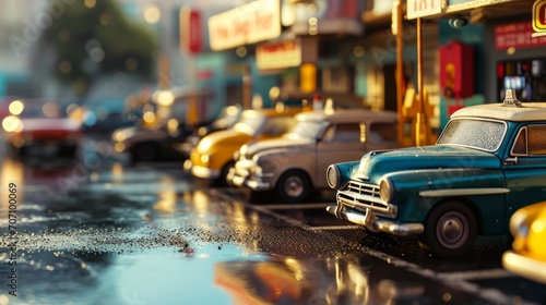 Close-up of a rental car pickup area, cars, customers, signage, urban backdrop, detailed surroundings, photorealistic depiction Generative AI © vadosloginov