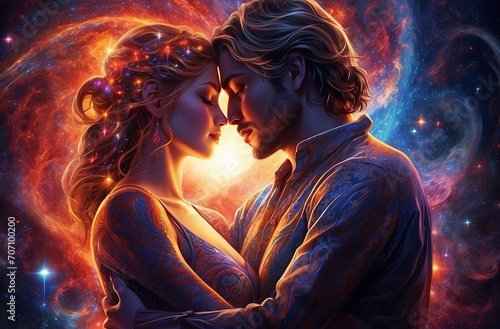 Twin flame couple. Soulmates. The concept of magical, esoteric, tantric, spiritual love. Connection between souls. Illustration for websites and much more. Created using generative ai tools.