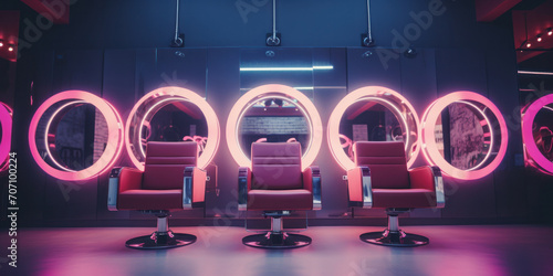 An ultra-modern hair salon with neon lights, abstract design, and a futuristic atmosphere.