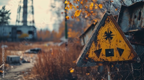Close-up of radioactive warning signs at Chernobyl, weathered warnings, haunting atmosphere, detailed linework, atmospheric scene Generative AI