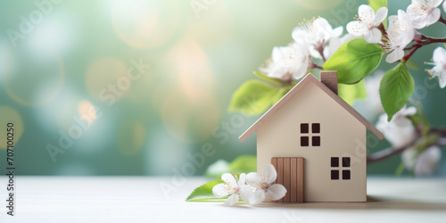 A petite and pretty wooden model house surrounded by blossoms, embodying the charm of eco-friendly home.