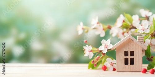 A tiny wooden model house surrounded by blossoming cherry trees, capturing the beauty of nature in spring.