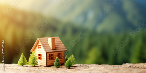 A charming tiny cottage stands amidst majestic mountains, symbolizing cozy residential living in nature.