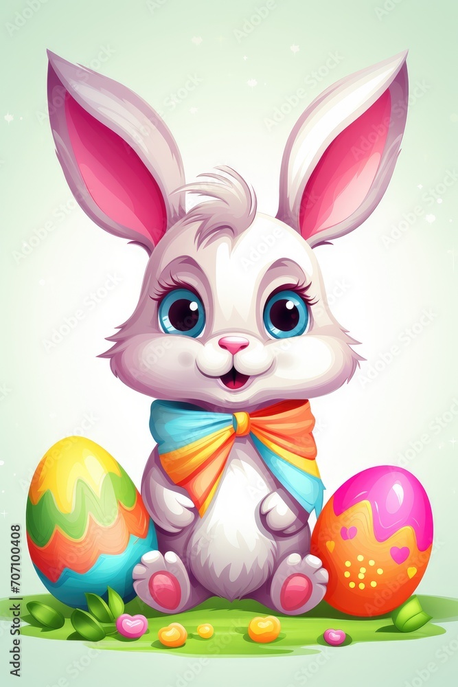 Template for greeting card with rabbit isolated om white background. Cartoon Easter bunny with colorful Eggs. Cute hare with big grass and bow Template for greeting card with rabbit isolated om white background. Cartoon Easter bunny with colorful Eggs. Cute hare with big grass and bow