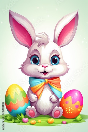 Template for greeting card with rabbit isolated om white background. Cartoon Easter bunny with colorful Eggs. Cute hare with big grass and bow