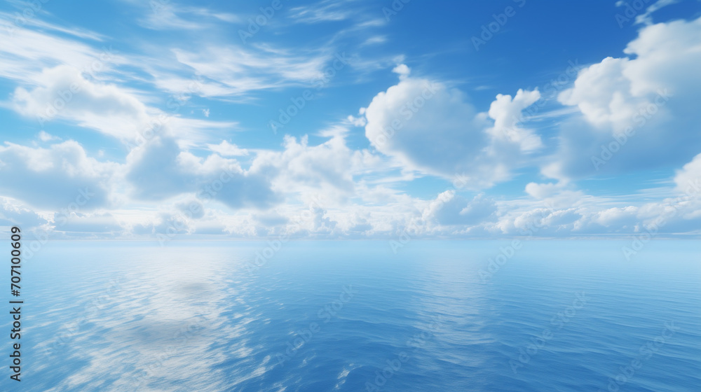 Blue sea water with sunny and cloudy sky, An aerial view of eternal blue sea or ocean with sunny and cloudy sky, Ai generated image