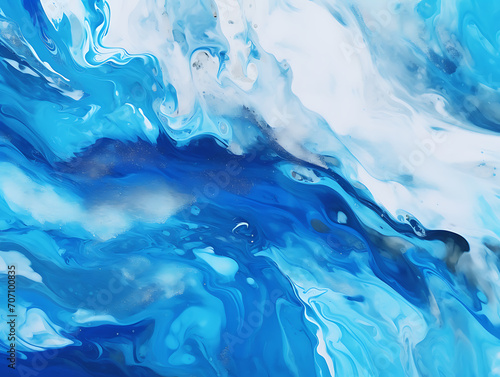 A color combination of dark blue, light blue, and white marble, liquid art painting. Created with Generative AI. © an
