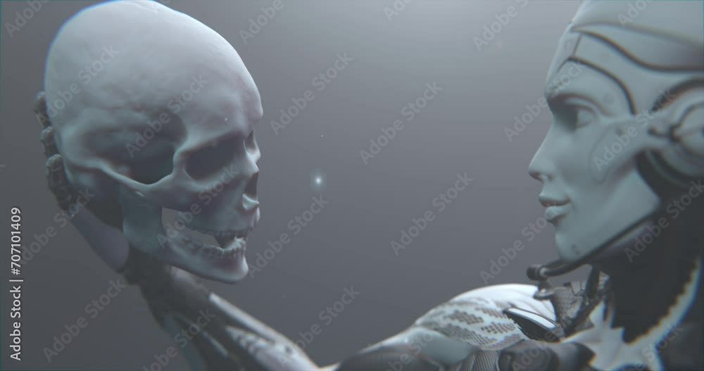 Closeup shot of Robot holding human skull, AI dominance, digital life vs humankind, 3d render Closeup shot of Robot holding human skull, AI dominance, digital life vs humankind, 3d render