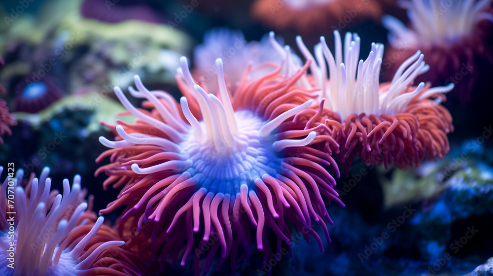 Obraz premium coral reef with coral, fish in the coral, Anemone actinia texture underwater reef sea coral, texture underwater reef sea coral, Ai generated image