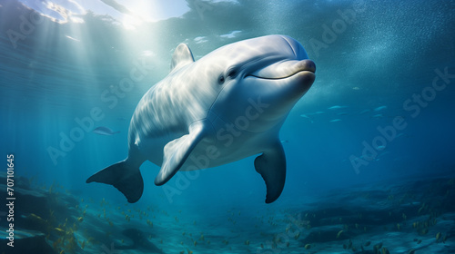 illustration of dolphin swimming under clean blue ocean water idea concept for environment preservation  Beautiful Bottlenose Dolphin underwater  Ai generated image