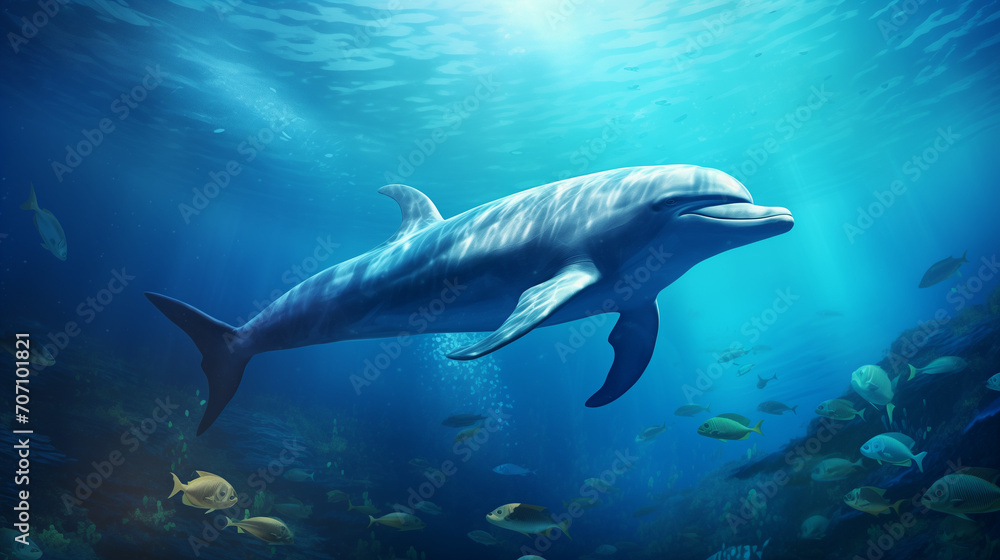 Dolphins swim near the ocean surface. Photo underwater, Beautiful Bottlenose Dolphin underwater, Ai generated image 