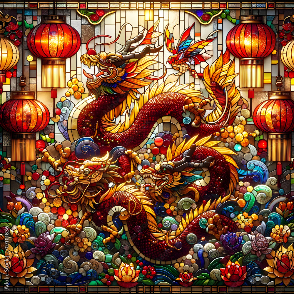 Fototapeta premium Stained glass chinese New year dragon