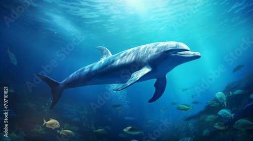 Dolphins swim near the ocean surface. Photo underwater, Beautiful Bottlenose Dolphin underwater, Ai generated image 