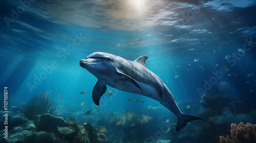 Dolphin swimming under the turquoise blue water, fantasy illustration, Beautiful Bottlenose Dolphin underwater, Ai generated image © FH Multimedia