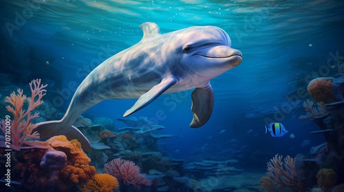 Charming dolphin playing coral reef underwater dreaming sunset hanging water surface  Beautiful Bottlenose Dolphin underwater  Ai generated image