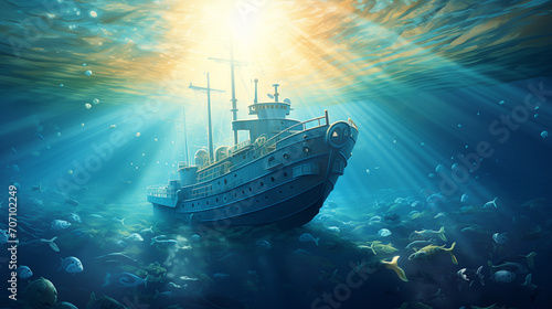 ship in the sea, Submarine in the depths of the sea, sun rays under water, boat ship from underwater blue ocean with sun rays, Ai generated image