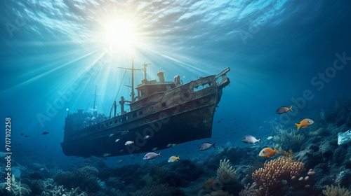 ship wreck in the sea, Submarine in the depths of the sea, sun rays under water, boat ship from underwater blue ocean with sun rays, Ai generated image photo