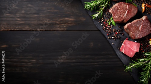 Pieces of fresh beef with herbs garnish on black wooden board background, on dark wood table counter, top down view photo
