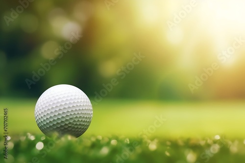 Golf ball on green grass with bokeh background, close up