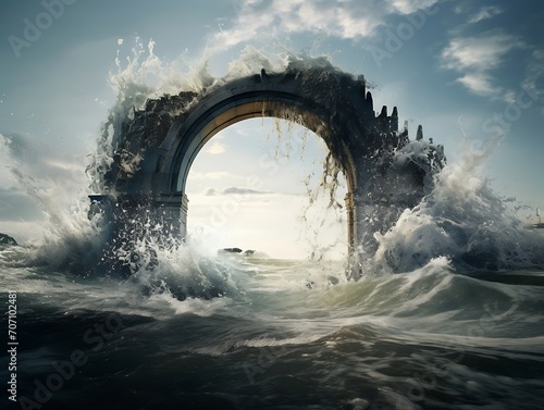 Surreal landscape with a stone arch and a stormy sea.