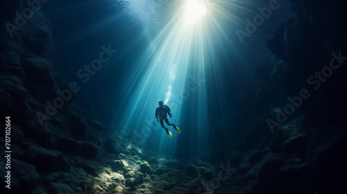 Diver in the underwater, Deep sea scuba diver swimming in a deep ocean cave in rays of light from the surface, Ai generated image 
