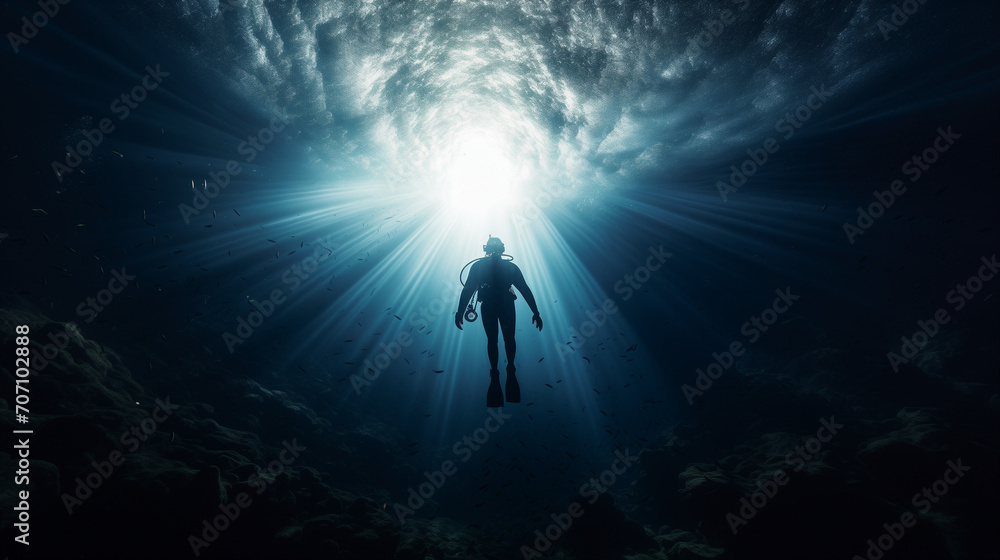 Fototapeta premium Silhouette of a person in a blue sky, Deep sea scuba diver swimming in a deep ocean cave in rays of light from the surface, Ai generated image 