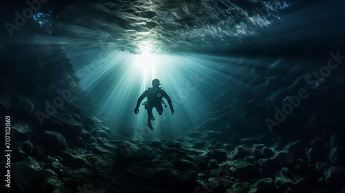 Silhouette of a person in a light, Deep sea scuba diver swimming in a deep ocean cave in rays of light from the surface, Ai generated image  photo