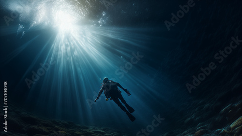 Scuba diver and world, Deep sea scuba diver swimming in a deep ocean cave in rays of light from the surface, Ai generated image 