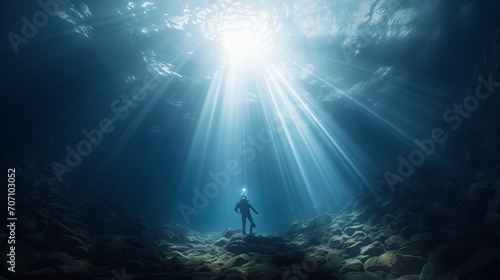 Underwater scene with rays of light, Deep sea scuba diver swimming in a deep ocean cave in rays of light from the surface, Ai generated image 