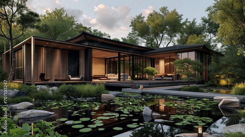 Modern house with pitched roof with large overhangs, in forest with pond and lily pond, cozy wood, in the style of dark bronze and dark black, asian-inspired, dark gray, soft light, orient-inspired Modern house with pitched roof with large overhangs, in forest with pond and lily pond, cozy wood, in the style of dark bronze and dark black, asian-inspired, dark gray, soft light, orient-inspired
