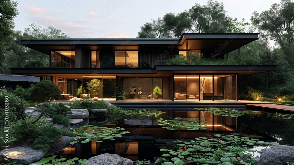 Modern house with pitched roof with large overhangs, in forest with pond and lily pond, cozy wood, in the style of dark bronze and dark black, asian-inspired, dark gray, soft light, orient-inspired